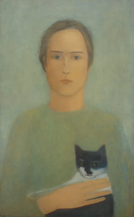 Autoportret z kotem, olej na płótnie, 62 × 42 cm
